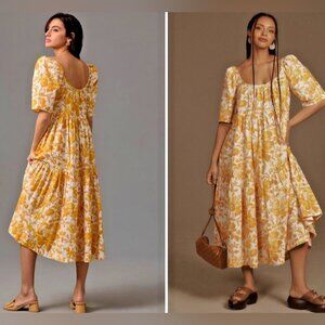 Anthropologie Yellow Floral Tiered Poplin Midi Dress S